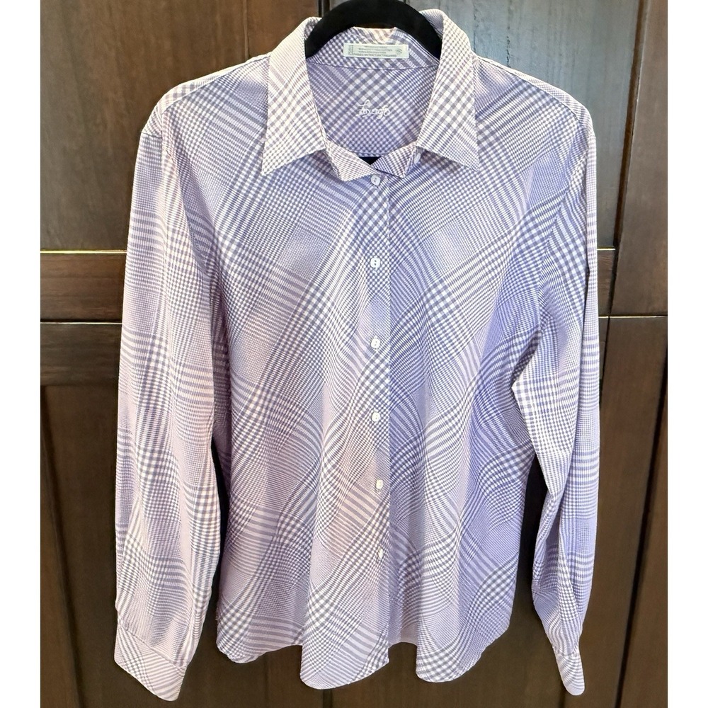 Foxcroft Purple & White Plaid Wrinkle Free Button Down Top Size 16 Long Sleeve